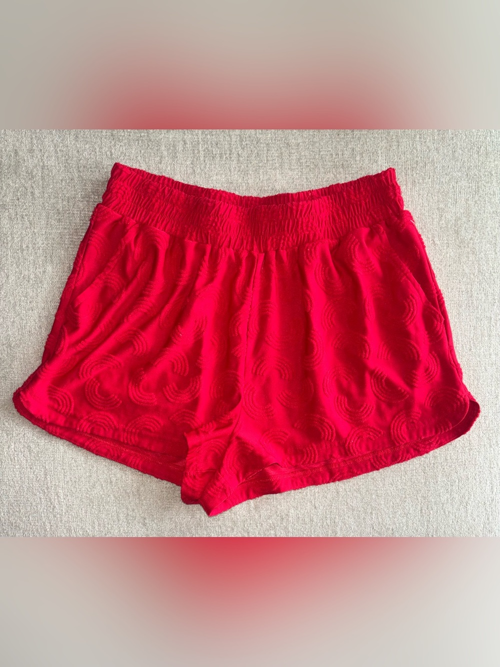 Y2K Red Textured Rainbow Print Lounge Shorts w Pockets | No Boundaries | Size L